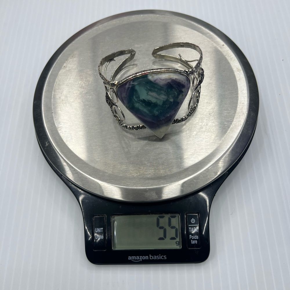 925 Sterling Silver Rainbow Fluorite Pear Shaped Gemstone Boho Cuff Bracelet - Picture 8 of 12